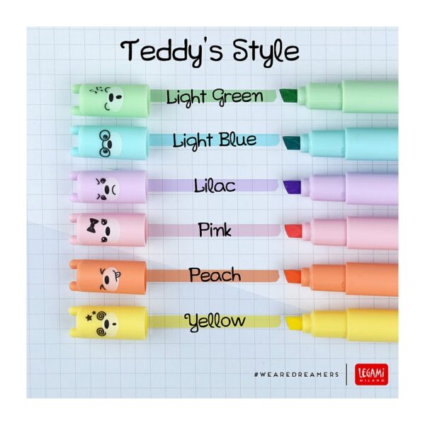 Teddy's Style - Set di 6 Mini Evidenziatori Pastello - Cartoidea